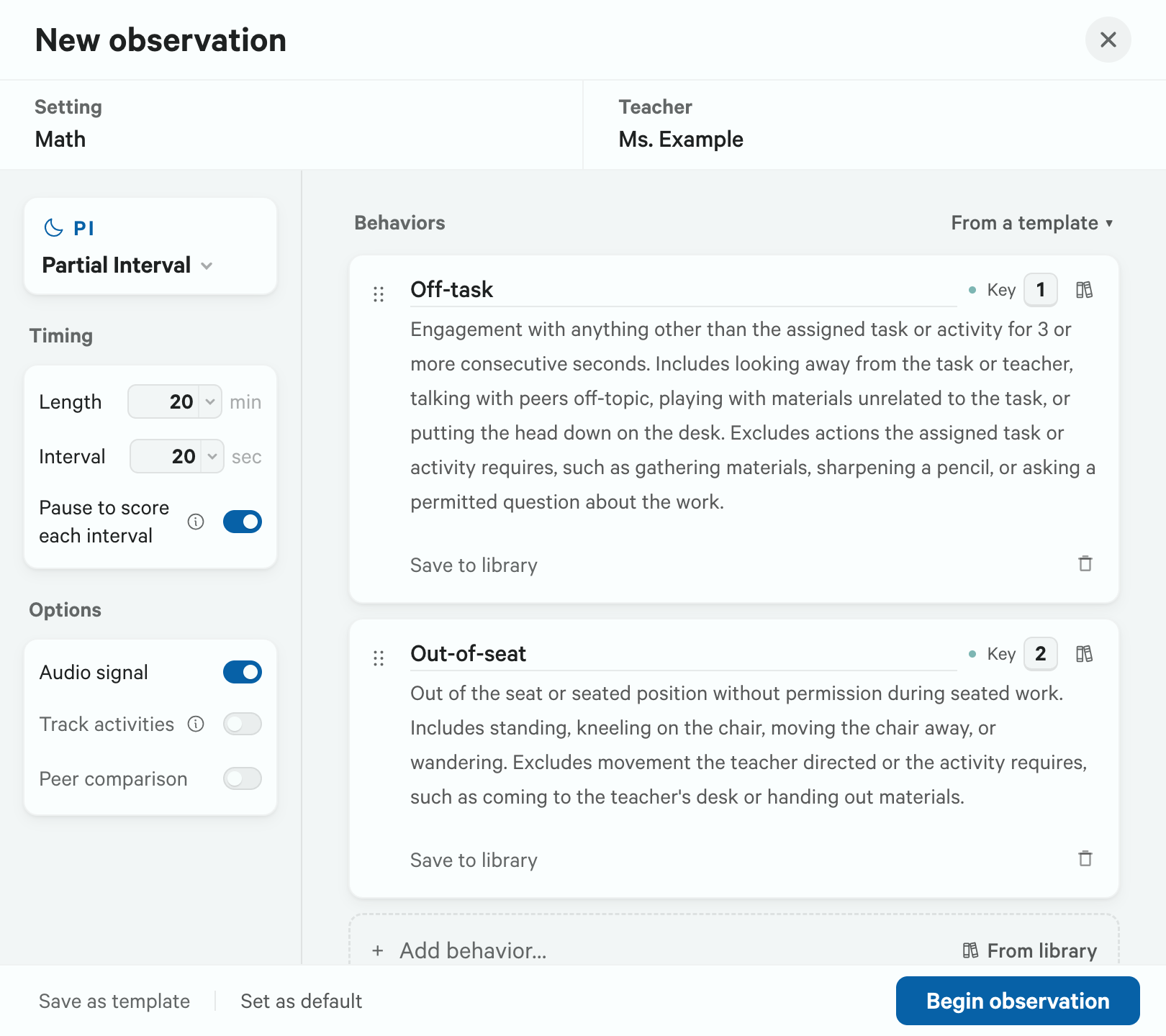 The New Observation setup screen: choose target behaviors, a recording method and the session timing before starting.
