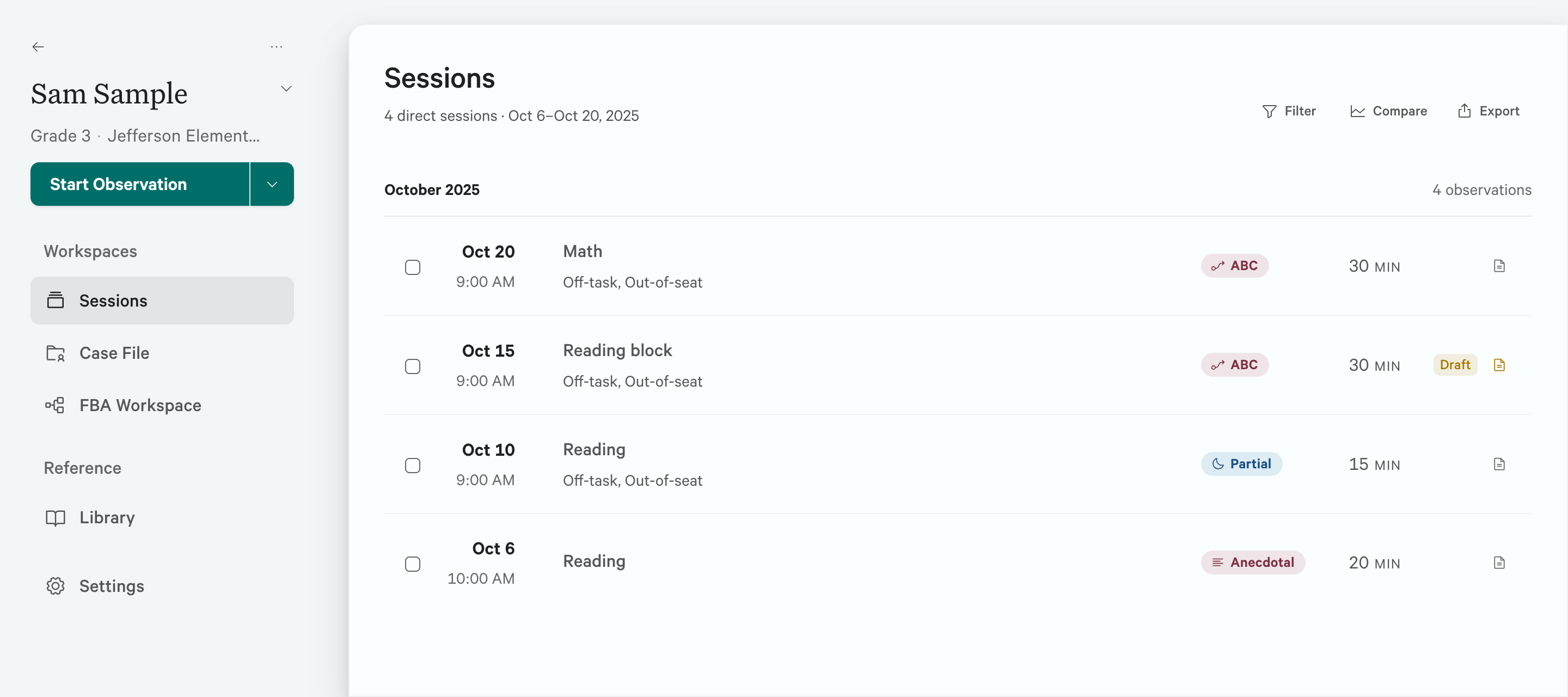Sam Sample’s workspace lists four October 2025 sessions with dates, contexts, recording methods, and durations, alongside navigation to the Case File and FBA Workspace.